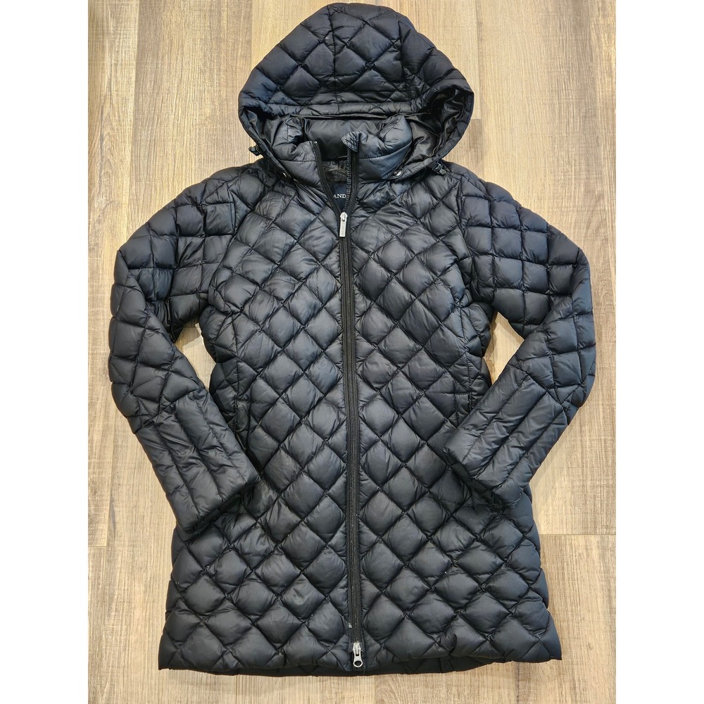Lands End Womens XS Down Puffer Coat Black Quilted Hooded Long Jacket